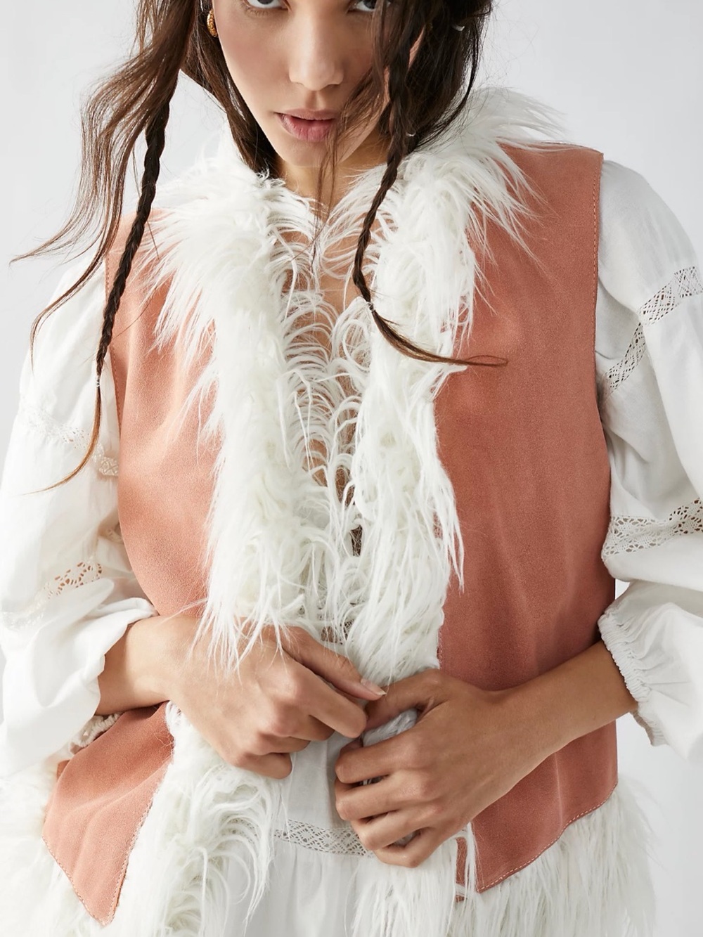 NWOT Free People Indigo River leather vest with faux fur trim
